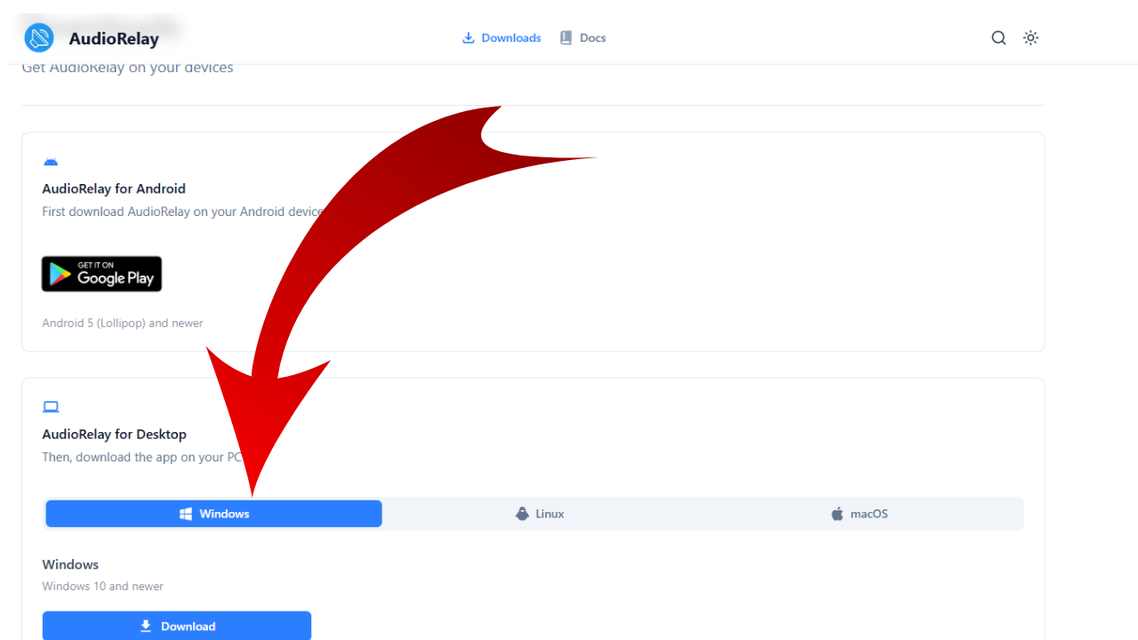 How to use Audio Relay PC setup screenshot showing server ID — Audio Relay setup